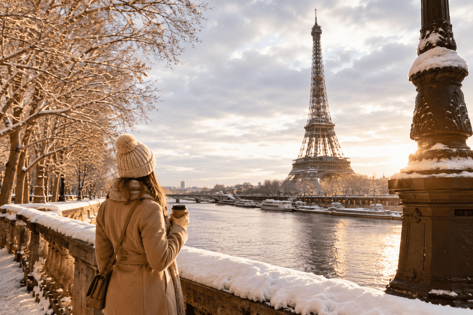 Snowy winter view of the Eiffel Tower and Seine in Paris