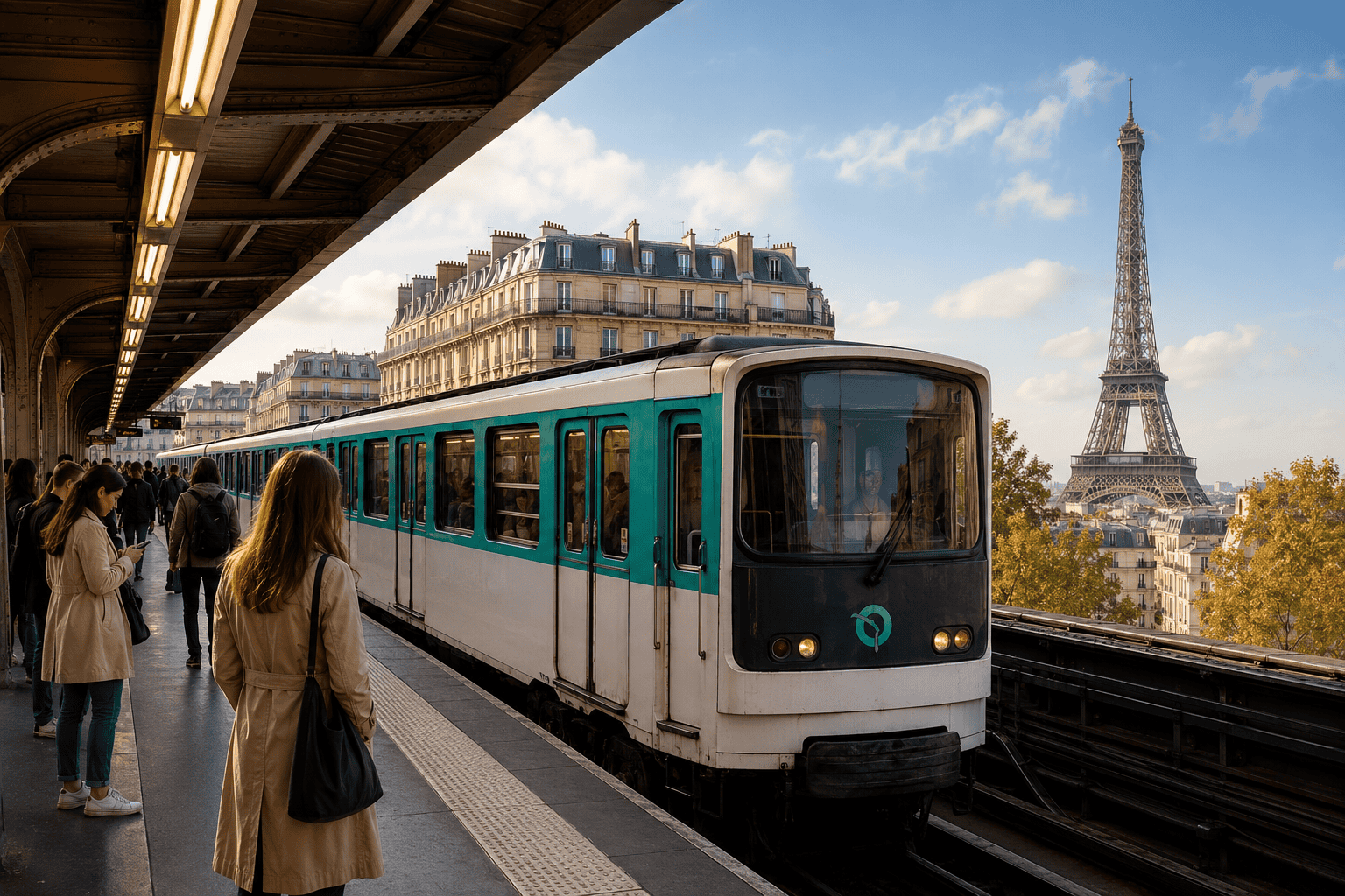 Paris Metro platform near central Paris with signs for tourist routes