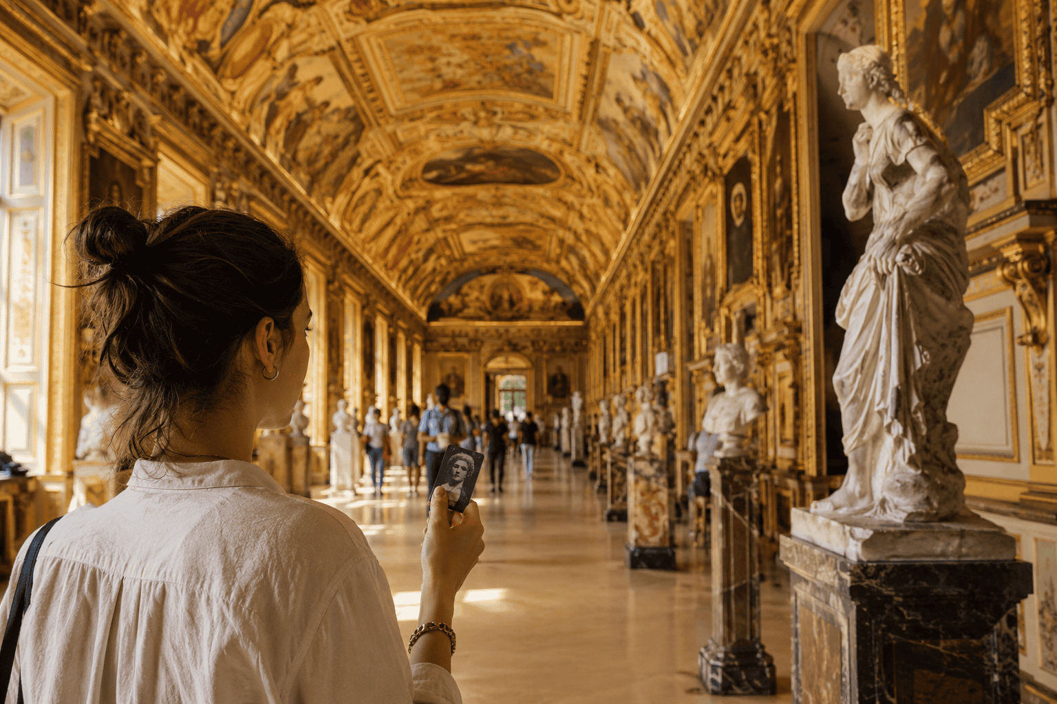 Visitors exploring classical art in a grand Paris museum gallery