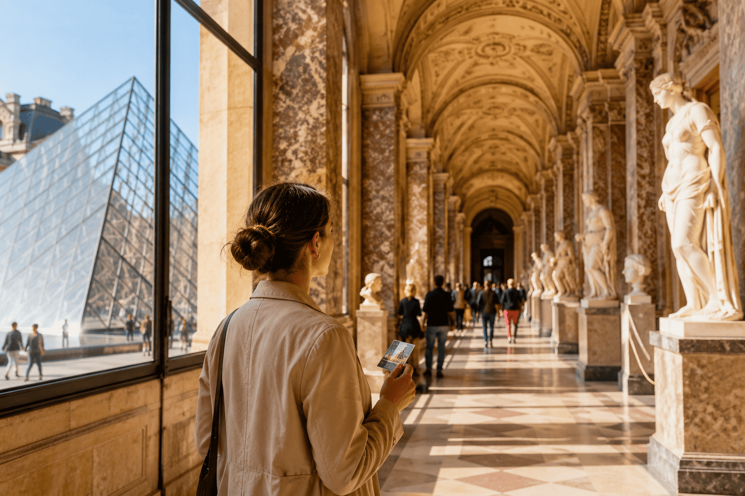 Museum hallway with classical sculptures in Paris