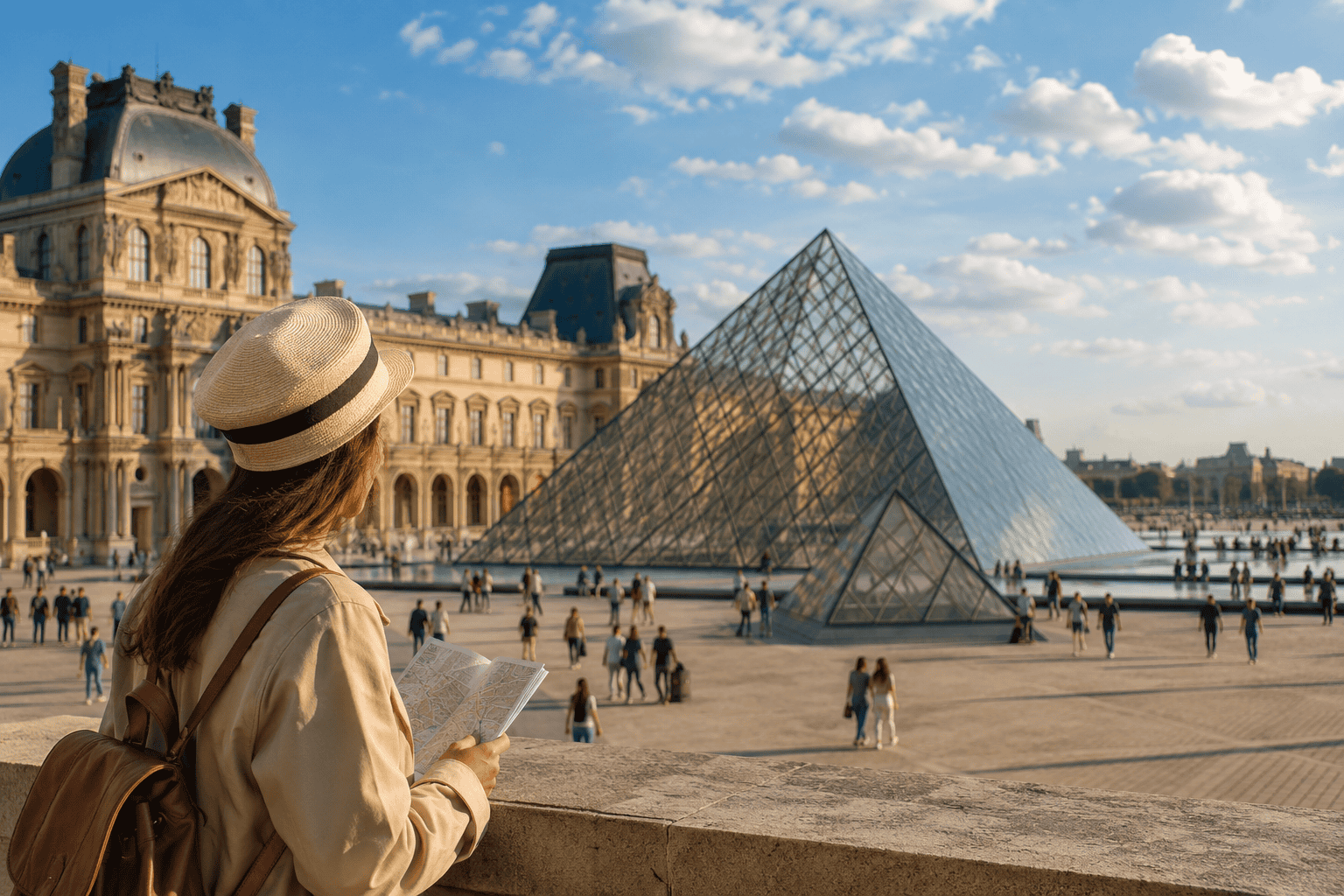 Visitors planning a Paris museum day near the Louvre courtyard