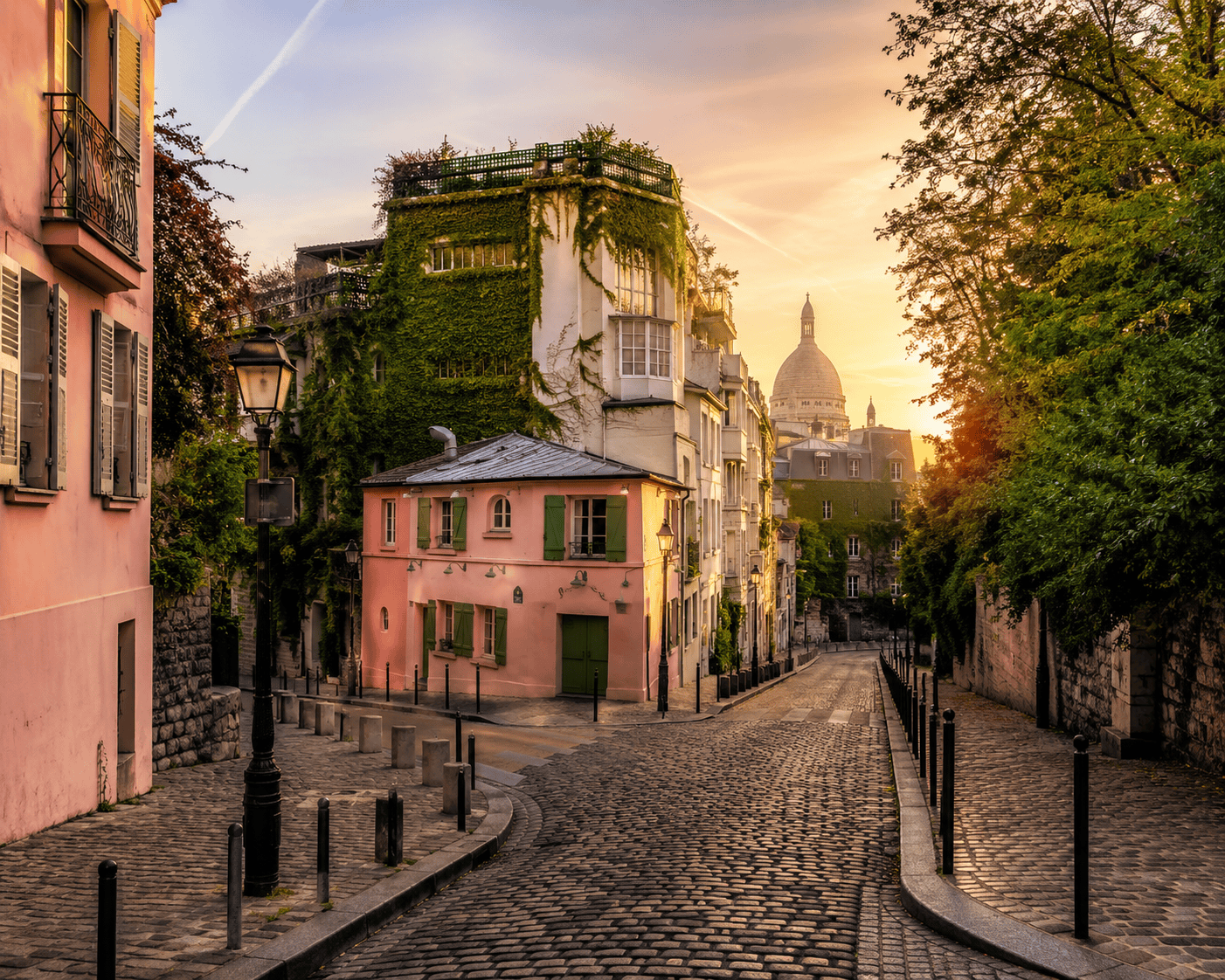Golden hour street scene in Montmartre, Paris