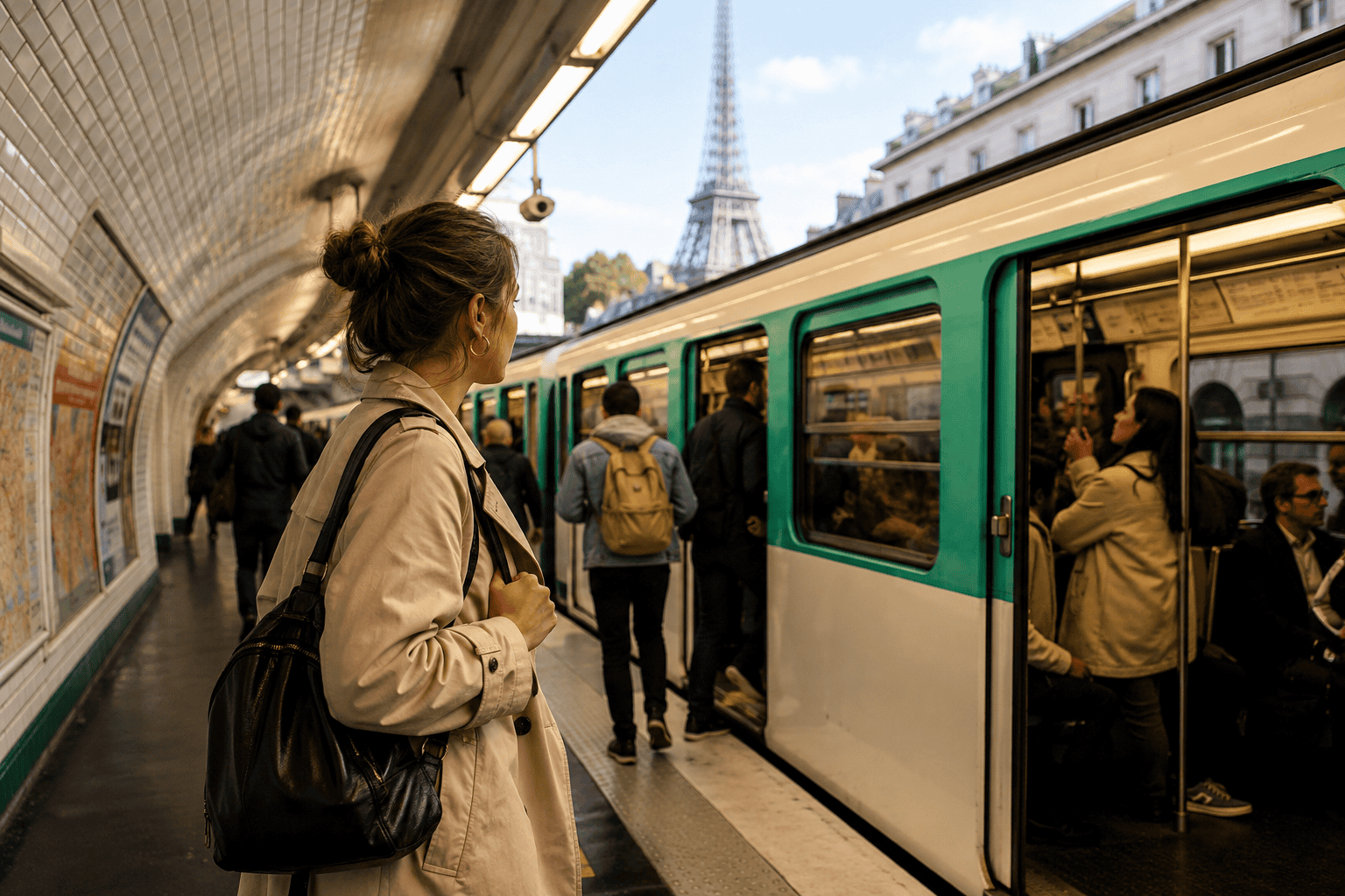 Generated image: Subway commute with Eiffel Tower view