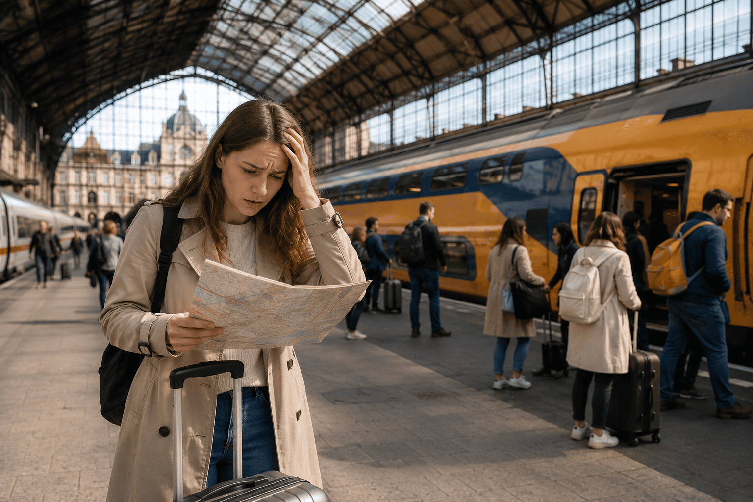 Traveler comparing Paris to Amsterdam travel options at a busy station