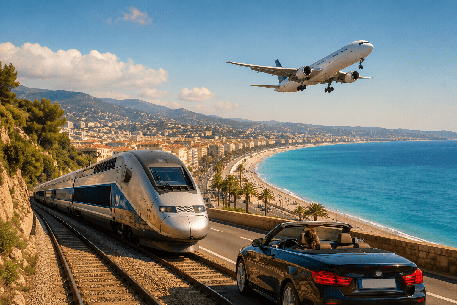 Travel options from Paris to Nice including train, flight, and car travel along the French Riviera