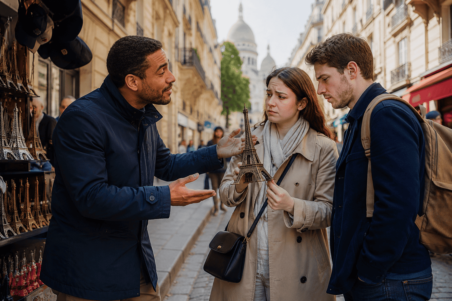 Traveler staying alert near a busy Paris tourist area