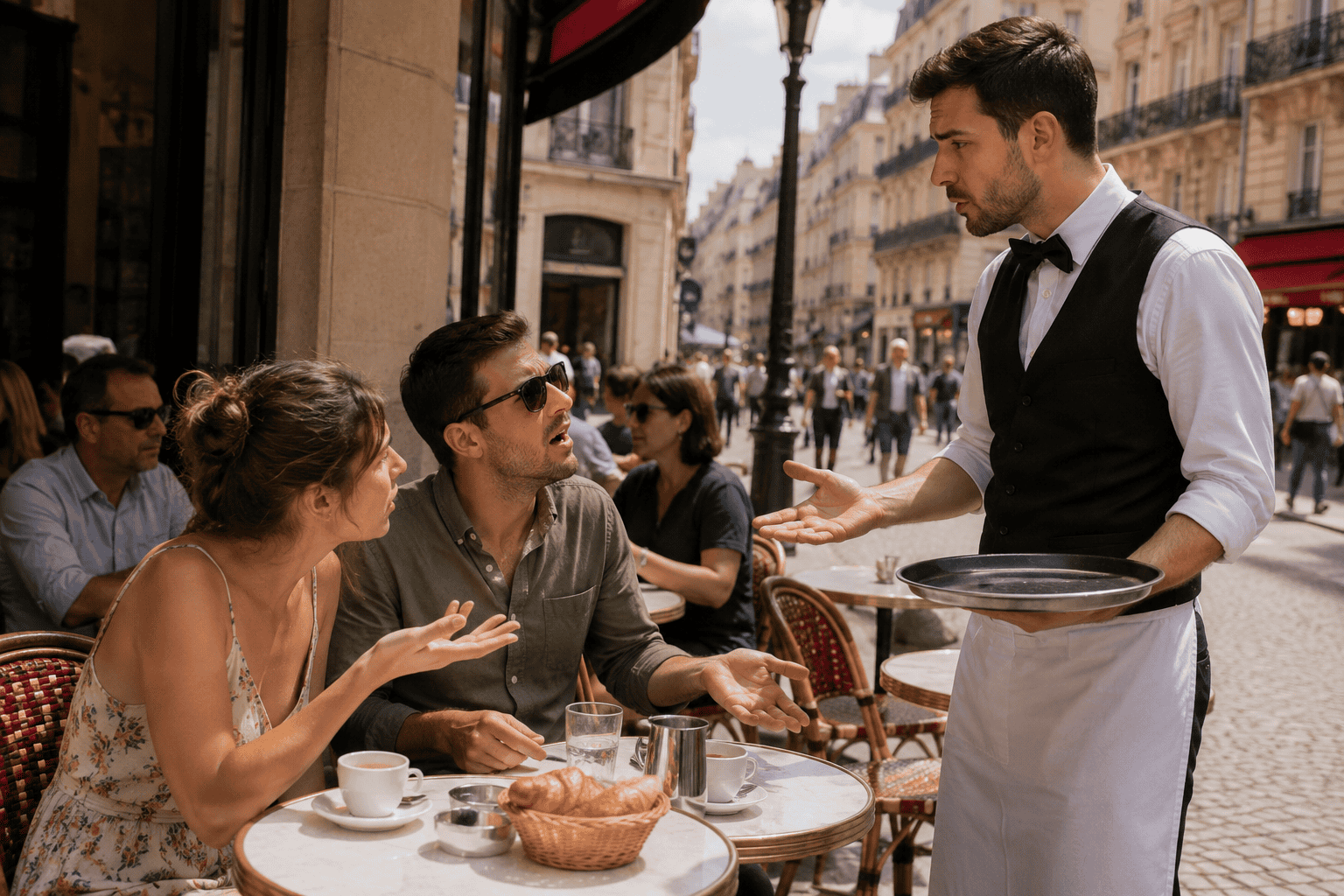 Visitor greeting cafe staff in Paris before ordering