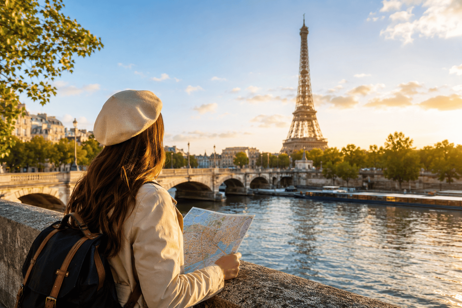 Golden hour view of Paris by the Seine for first-time visitors planning a 2026 trip