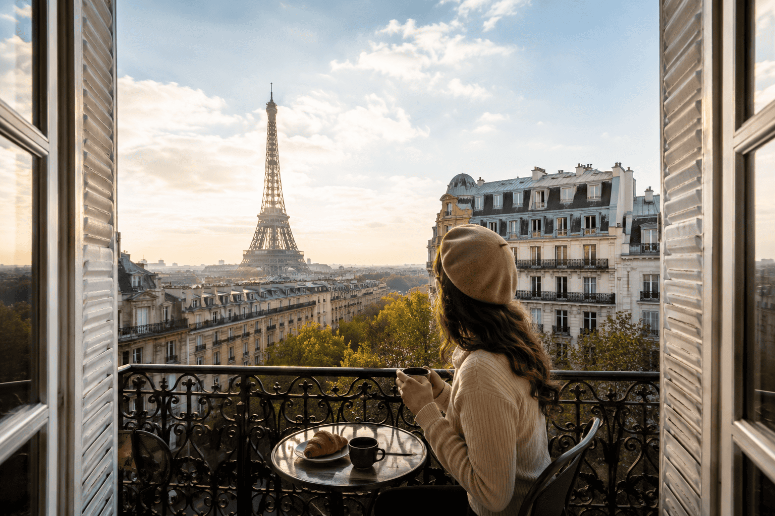 Paris balcony view with the Eiffel Tower in the distance