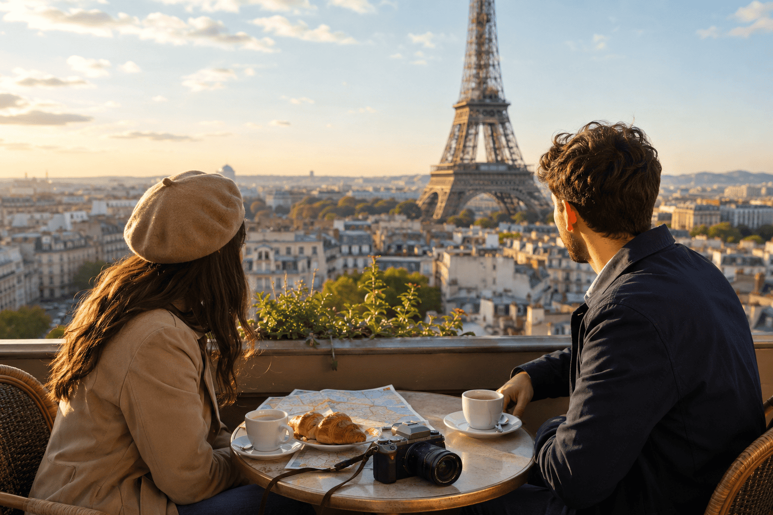 Couple enjoying a Paris café with Eiffel Tower view