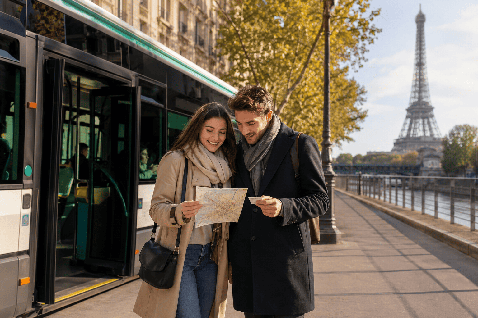 Couple walking through Paris near the Eiffel Tower