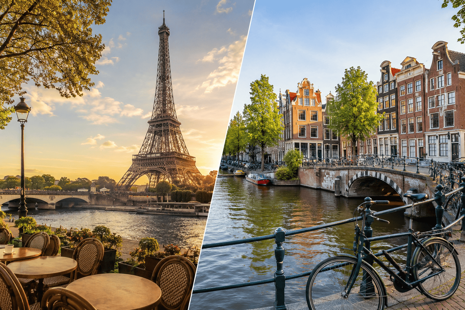Paris and Amsterdam travel style comparison at sunset