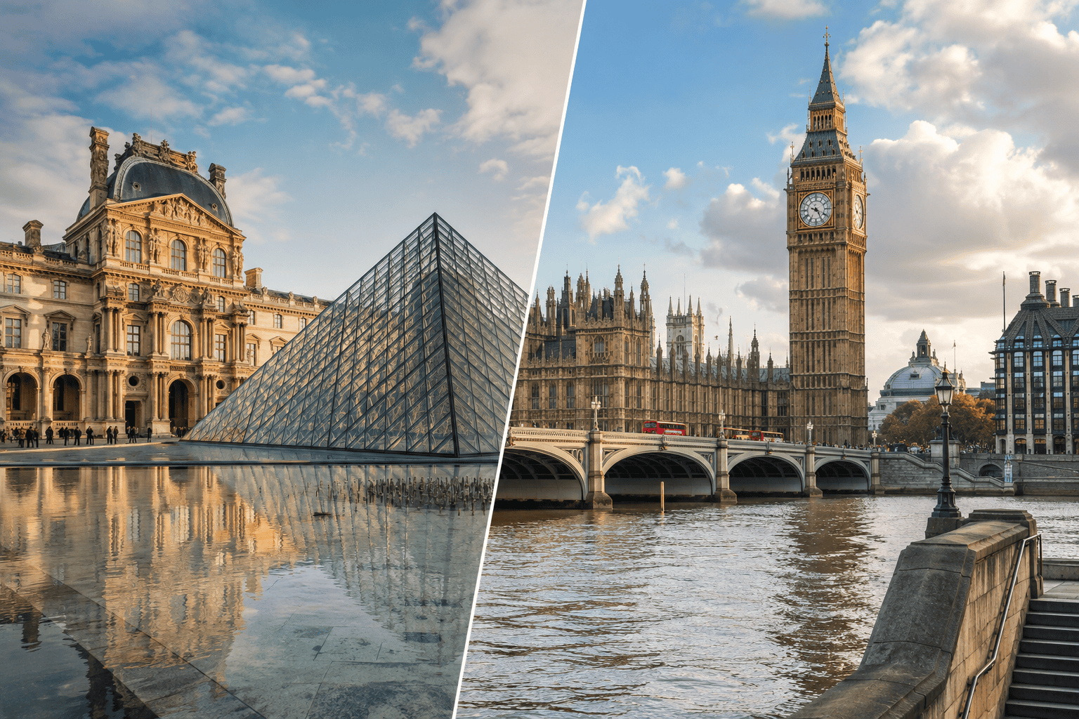 Louvre and Big Ben comparison for Paris vs London sightseeing and museums
