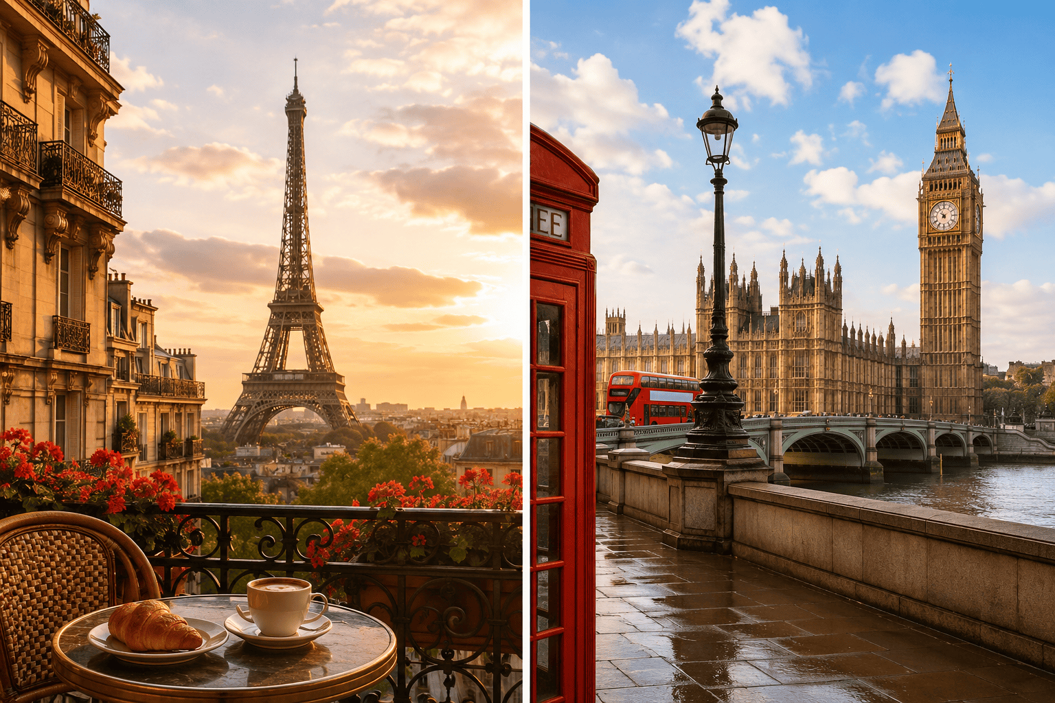 Paris and London skyline comparison at golden hour