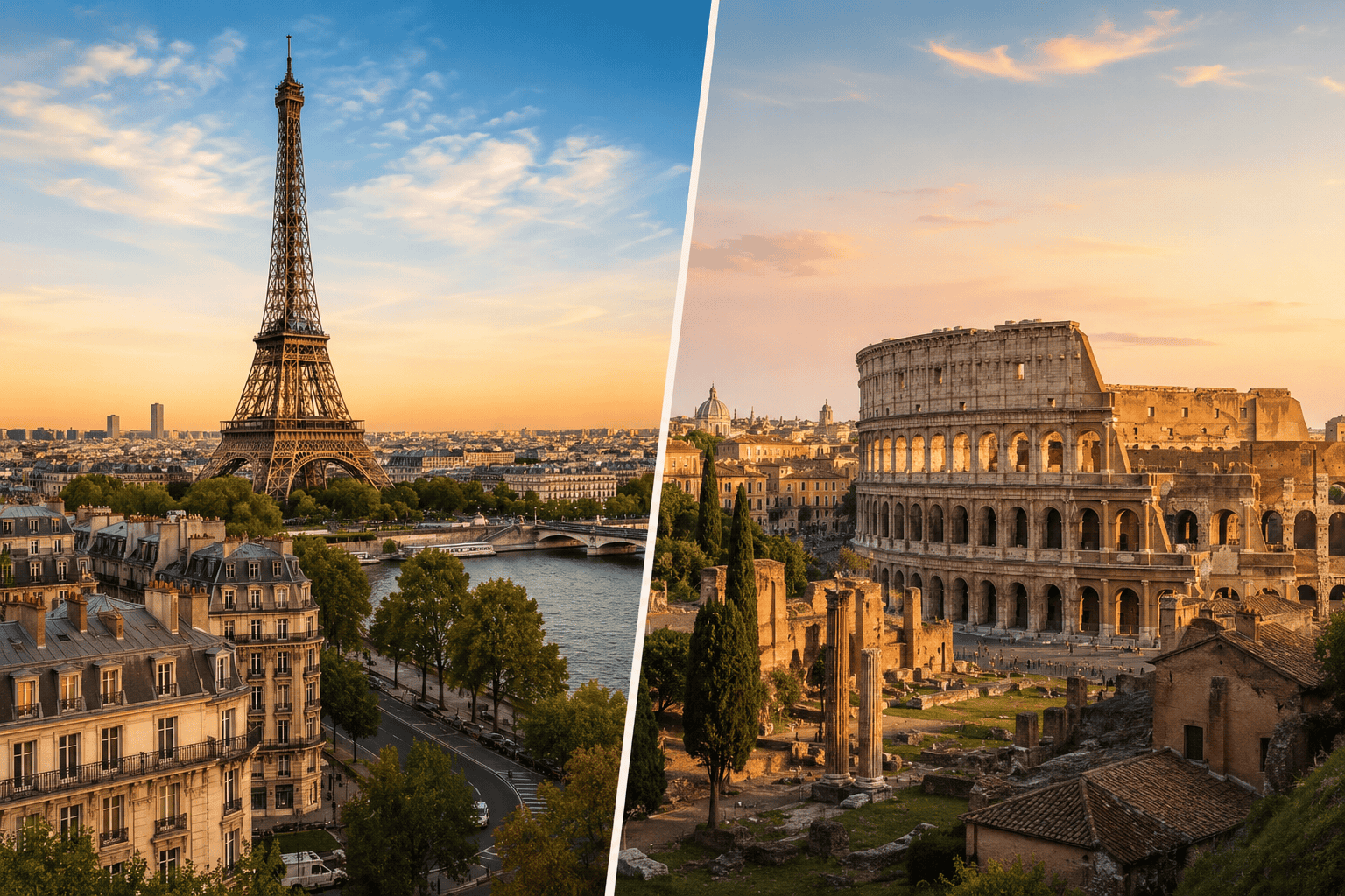 Paris vs Rome European city travel comparison at sunset