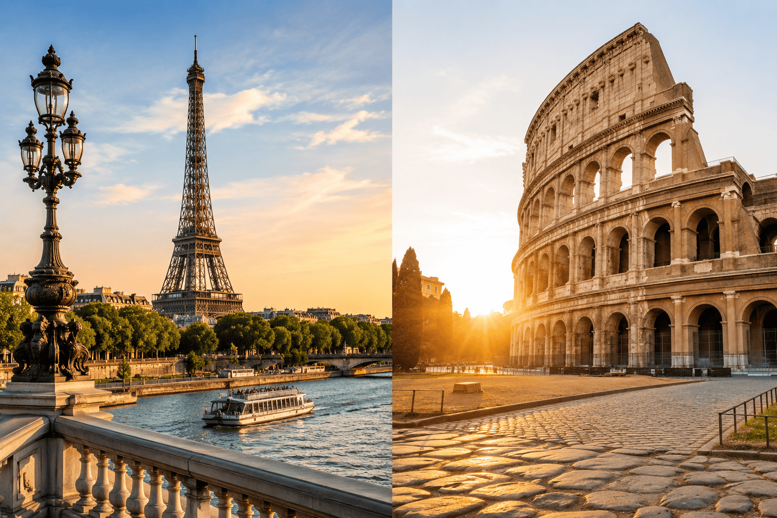 Paris vs Rome travel comparison at golden hour