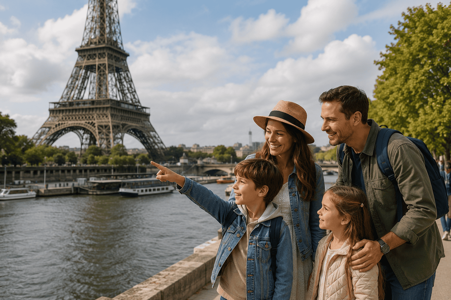 Family enjoying attractions in Paris near the Seine and Eiffel Tower