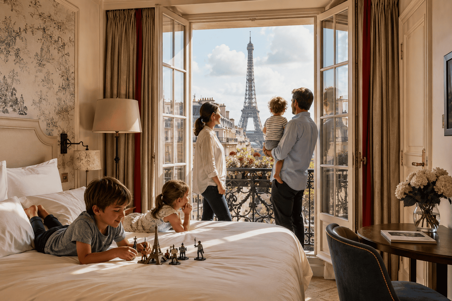 Family walking through a quiet Paris neighborhood near cafés and parks
