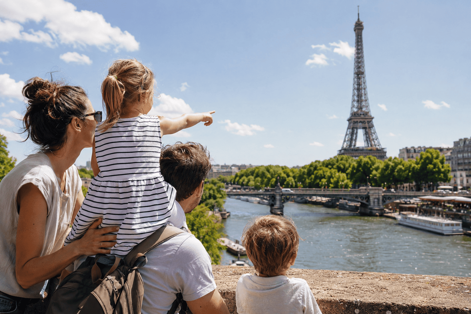 Family sightseeing by the Seine in Paris