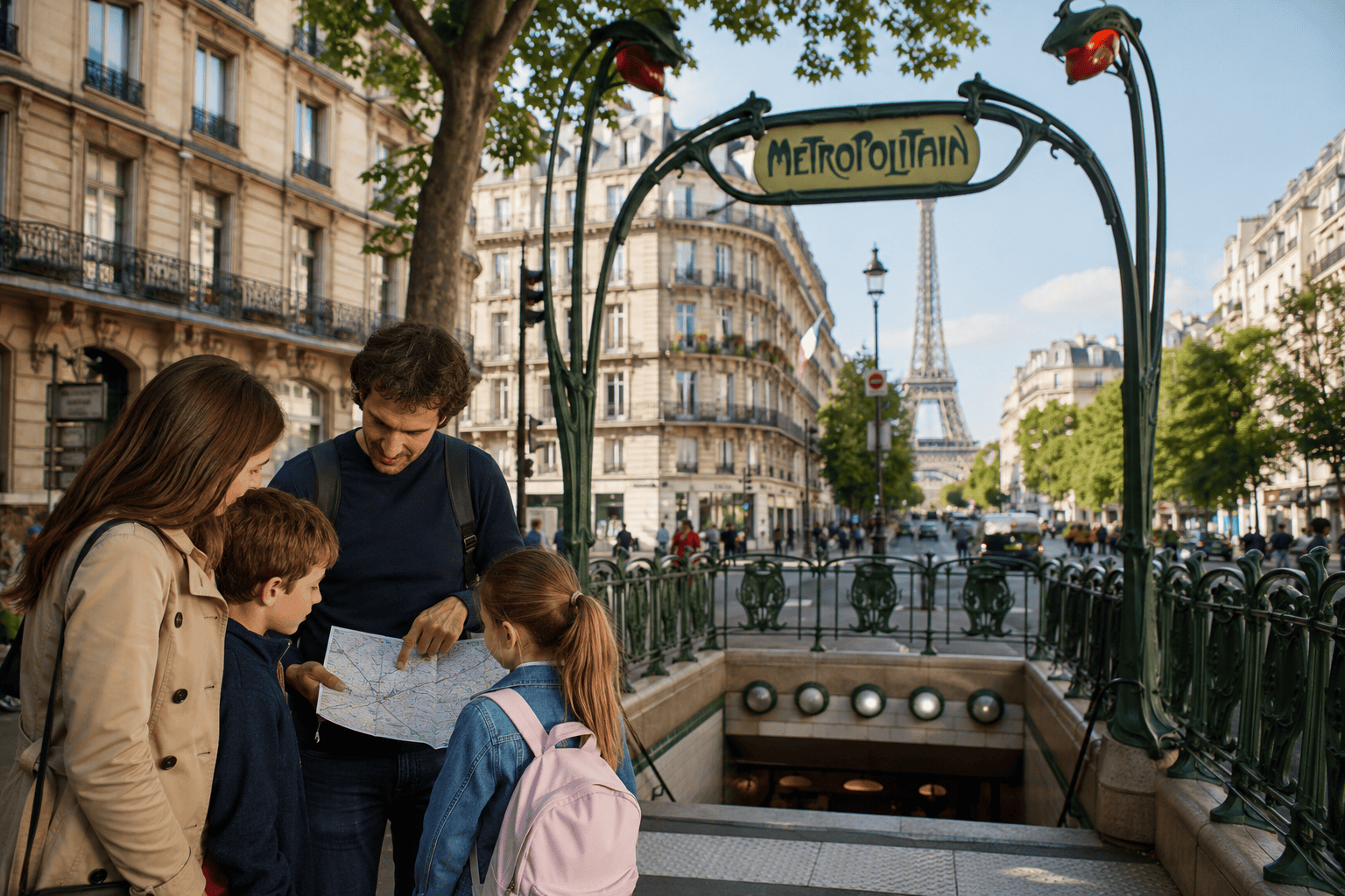 Family using Paris Metro during family trip to Paris