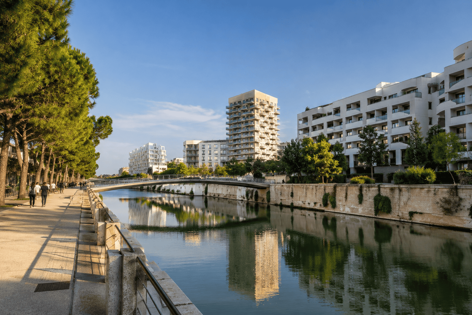 Modern riverside promenade in Port Marianne, Montpellier