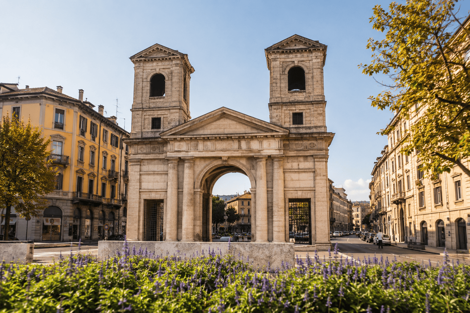 Historic stone arch and greenery in Porta Romana Milan