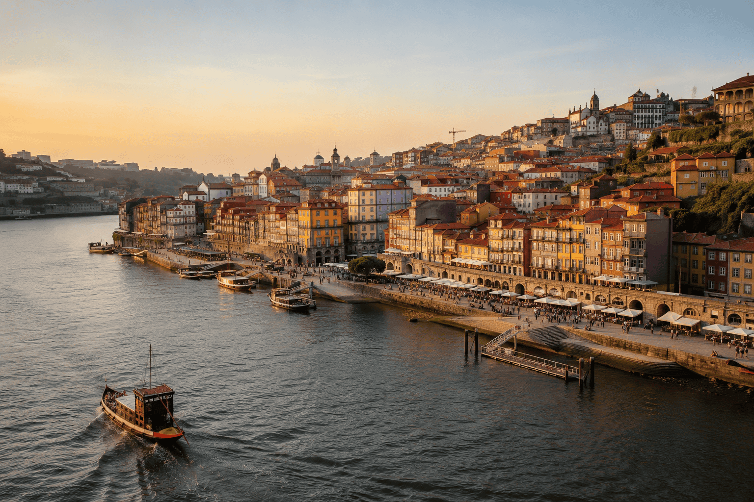 Ribeira riverfront in Porto at sunset