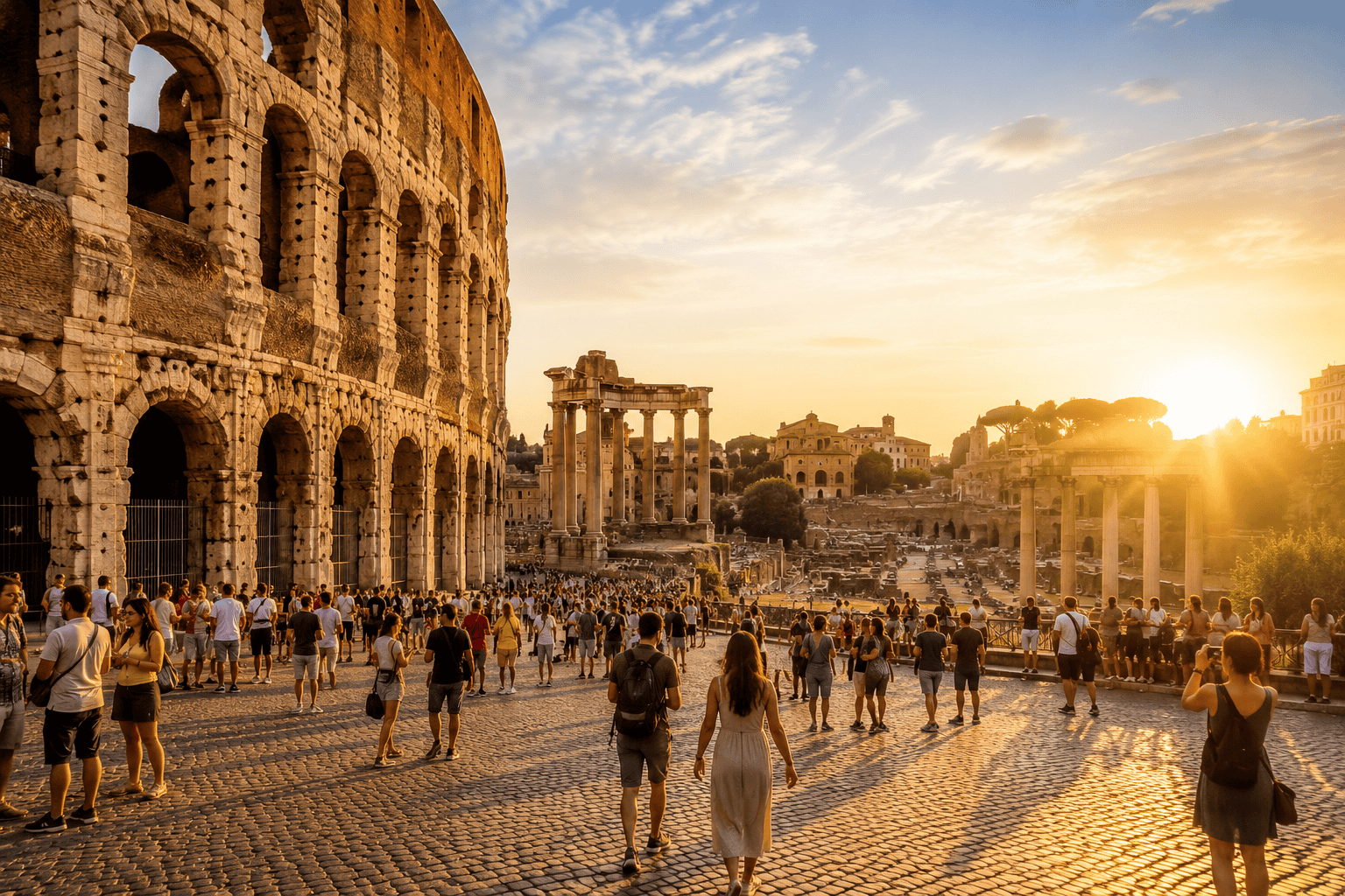 Roman Forum at golden hour for a Paris vs Rome travel comparison