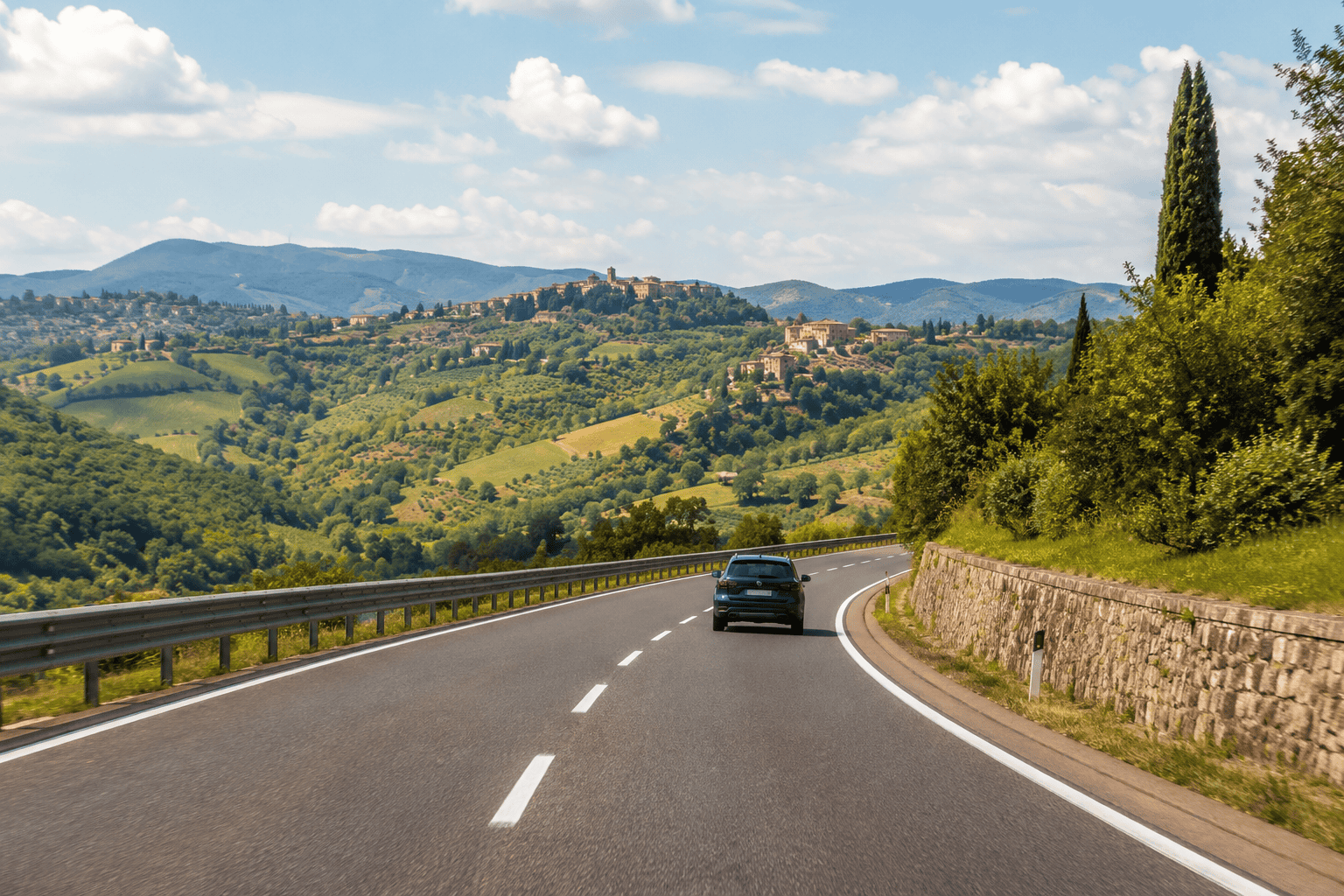 Driving from Rome to Florence through Tuscany countryside