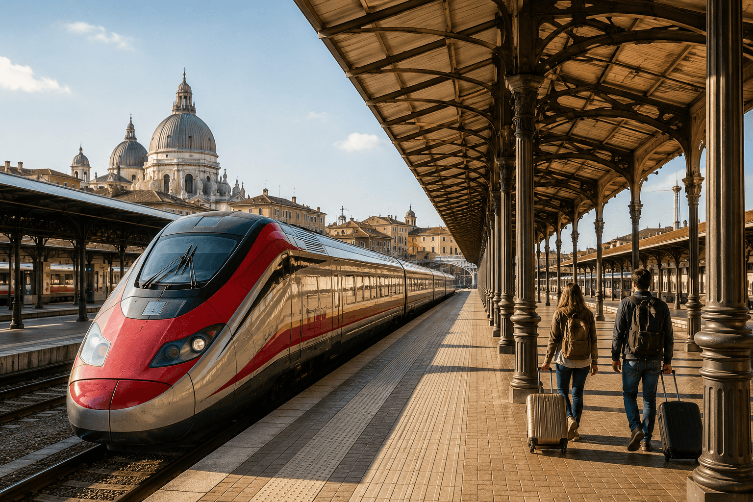 Travelers at an Italian train station planning a Rome to Venice journey