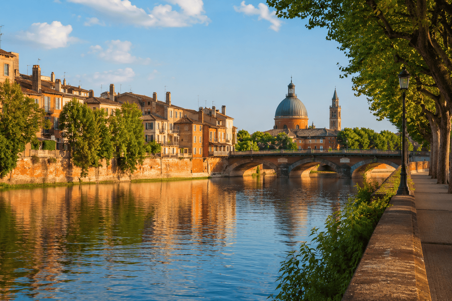 Sunlit riverside cityscape near Saint-Cyprien in Toulouse