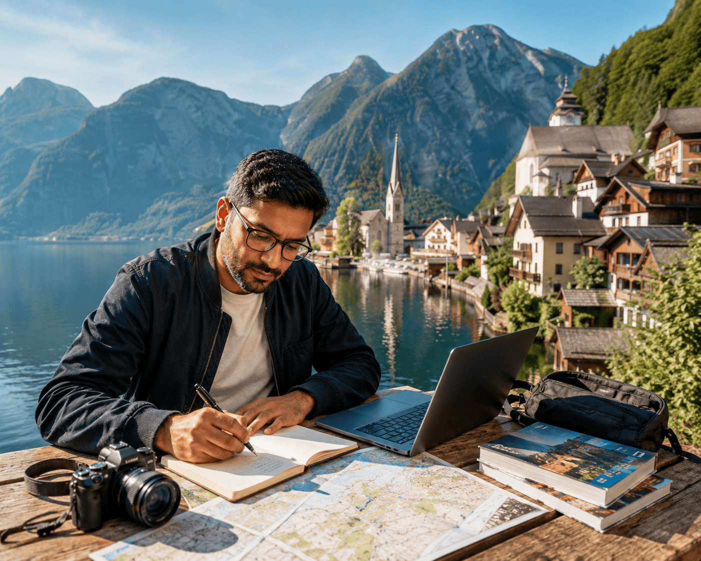 Sankalp Gupta researching Europe trip planning from a lakeside workspace