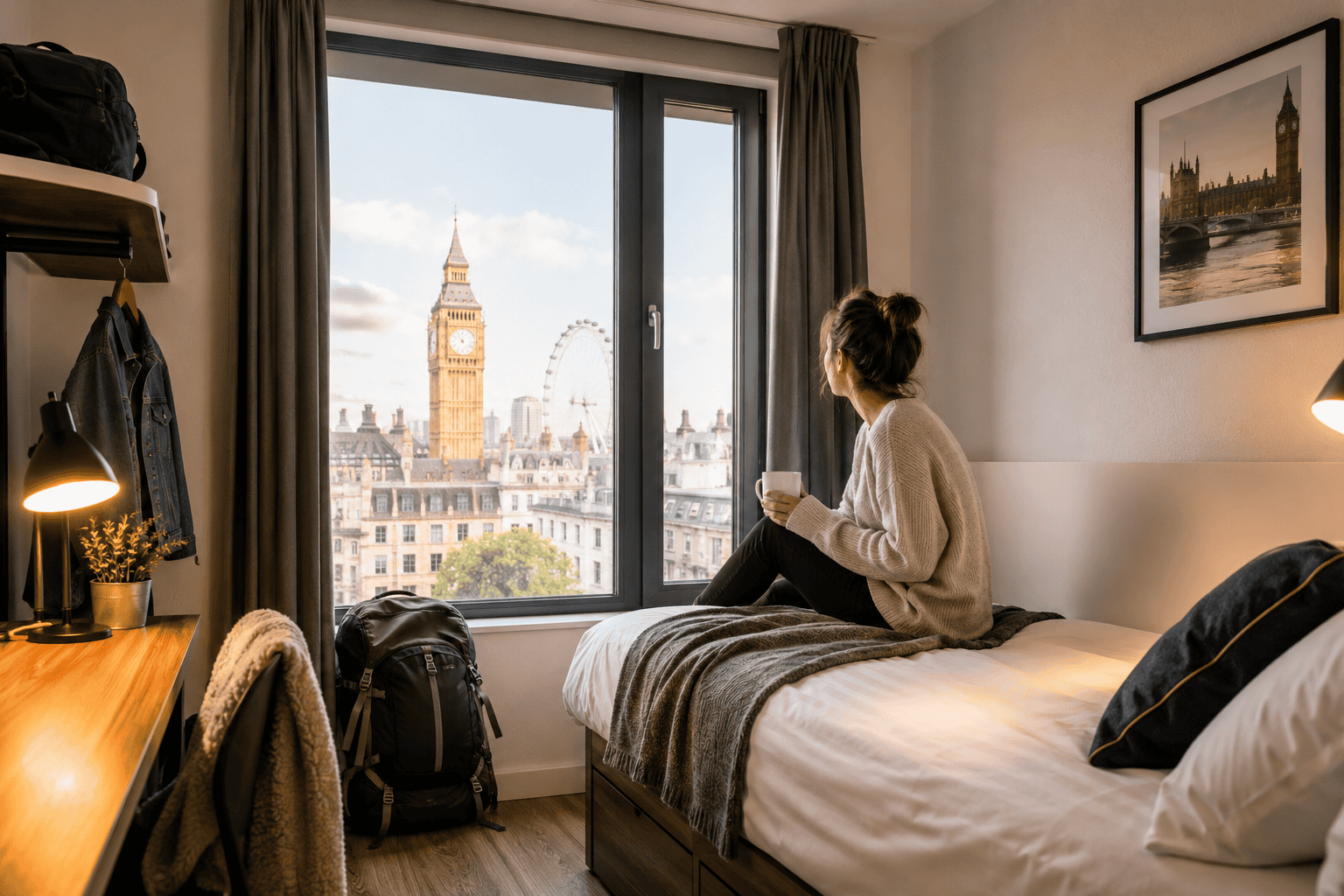 Generated image: Cozy hostel room with city view