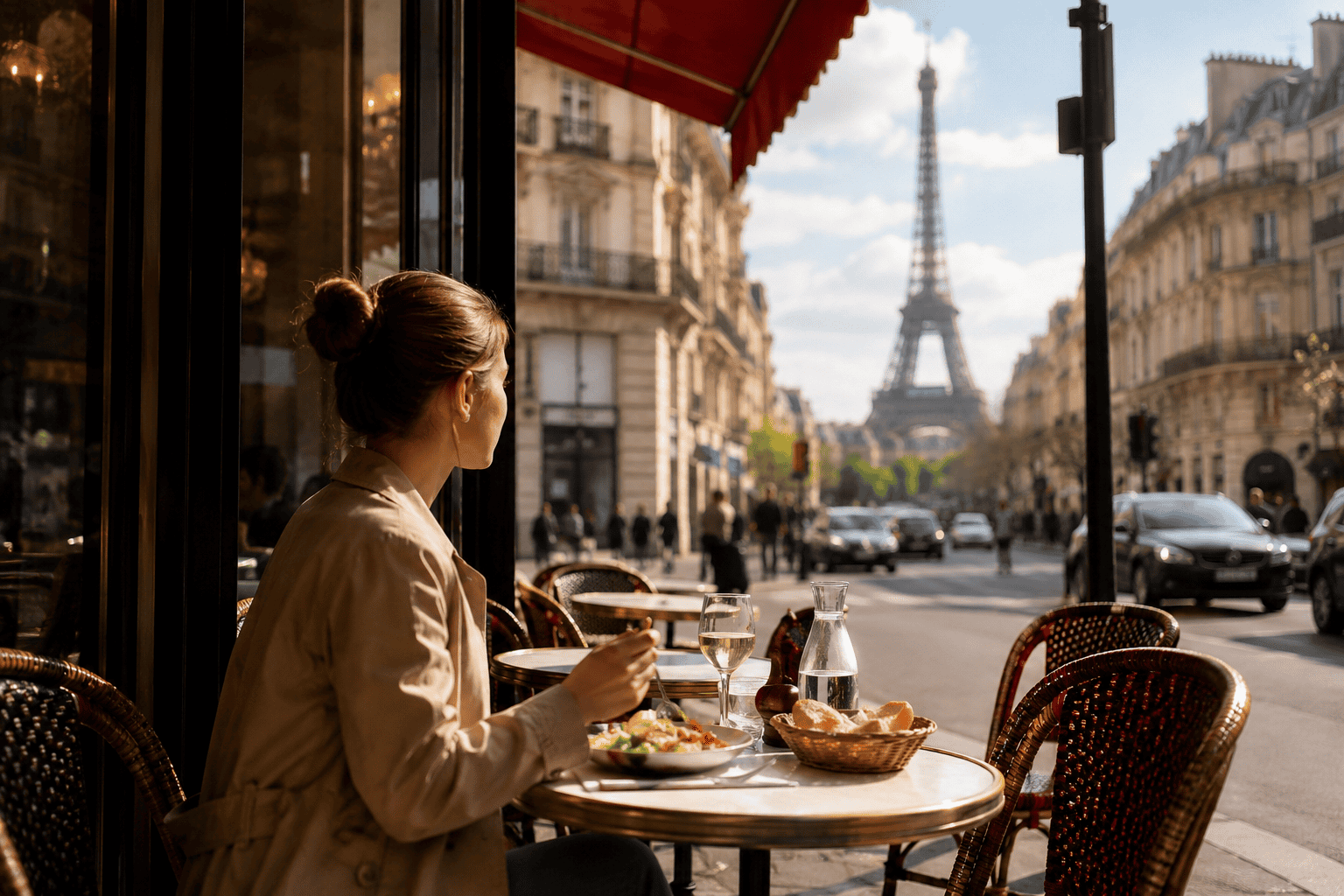 Solo traveler eating alone at a Paris café