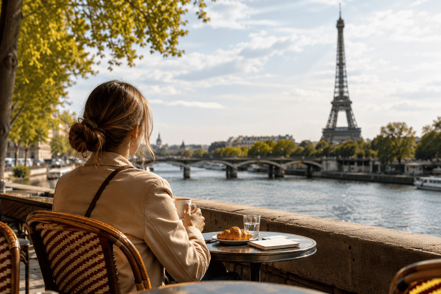Solo travel Paris riverside café with Eiffel Tower view