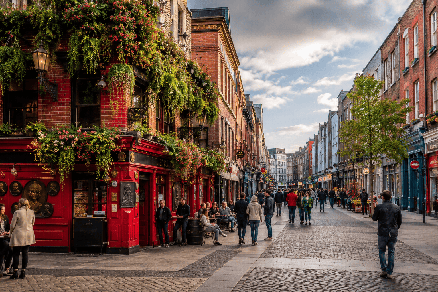 Temple Bar nightlife street with pubs and live music venues in Dublin