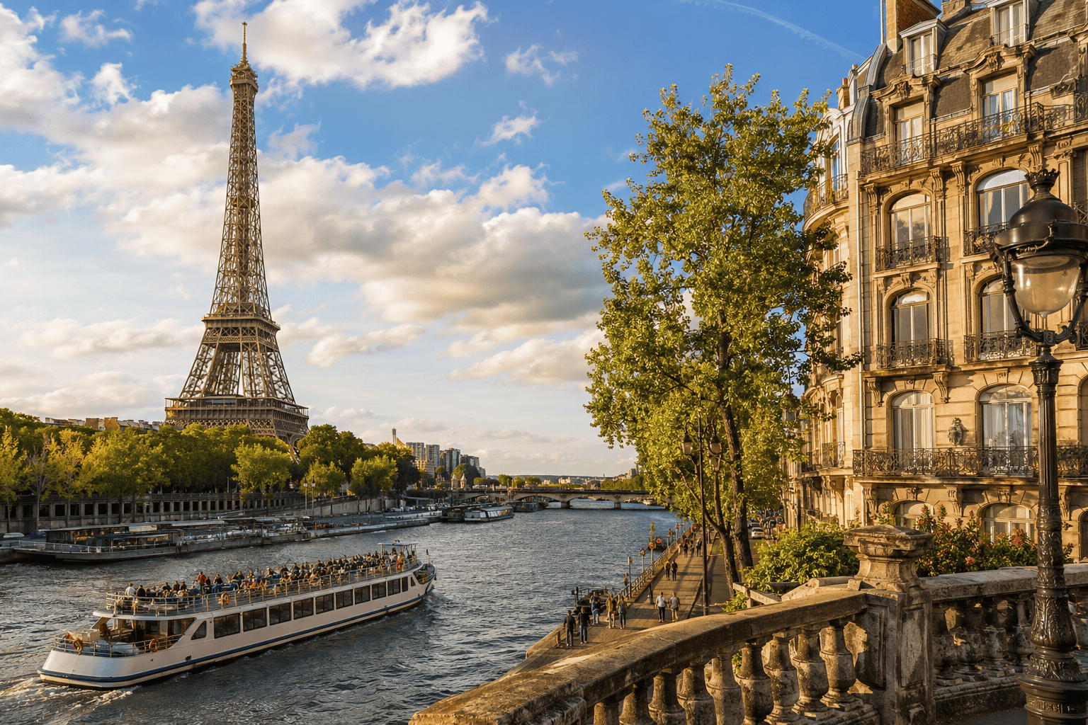 Top attractions in Paris including Eiffel Tower and Seine River