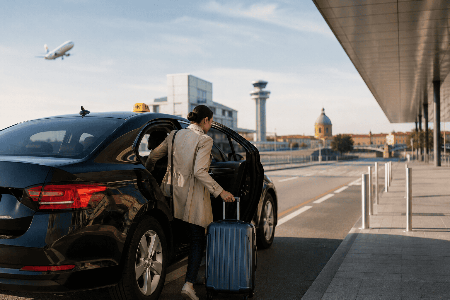 Generated image: Taxi at airport curbside with suitcase