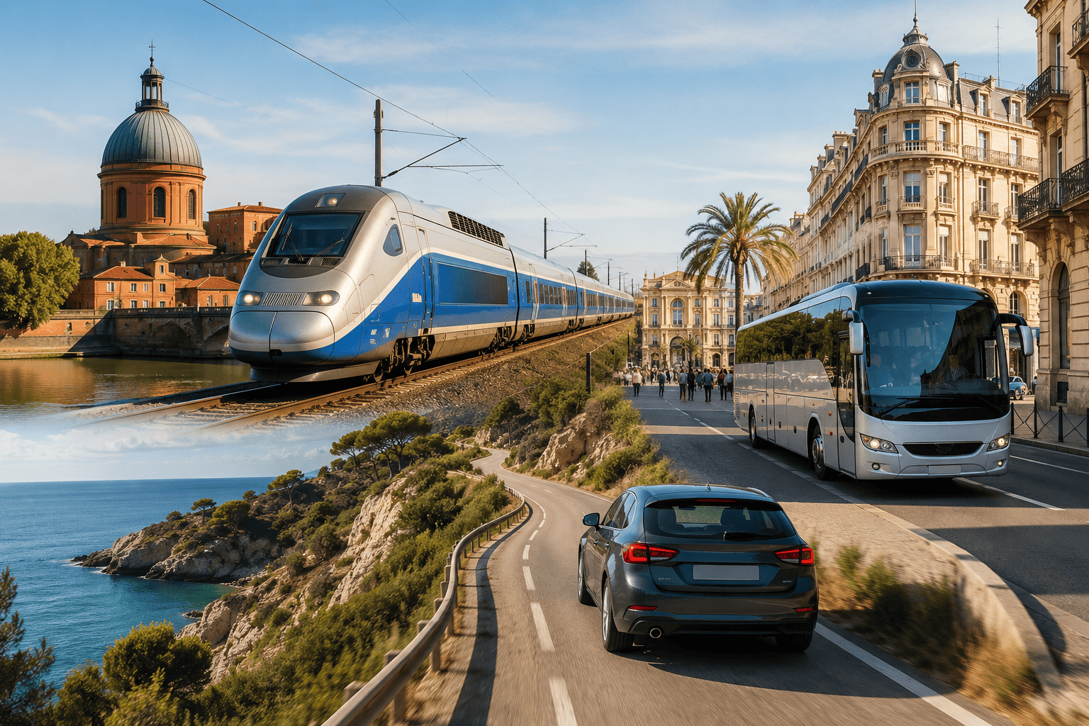 Train, bus, and car travel options between Toulouse and Montpellier