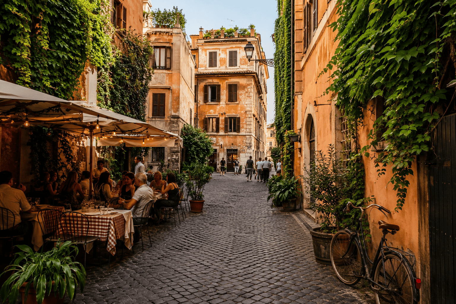 Generated image: Afternoon café in a cobblestone alley