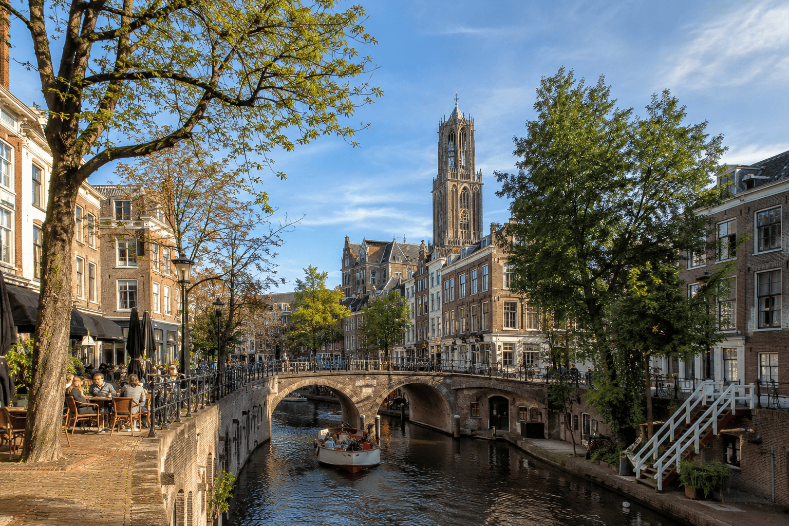 Canal and cafe scene in Utrecht, a second-city day trip from Amsterdam