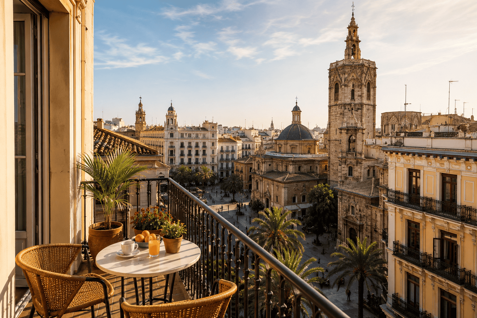 Generated image: Sunlit balcony view of European square