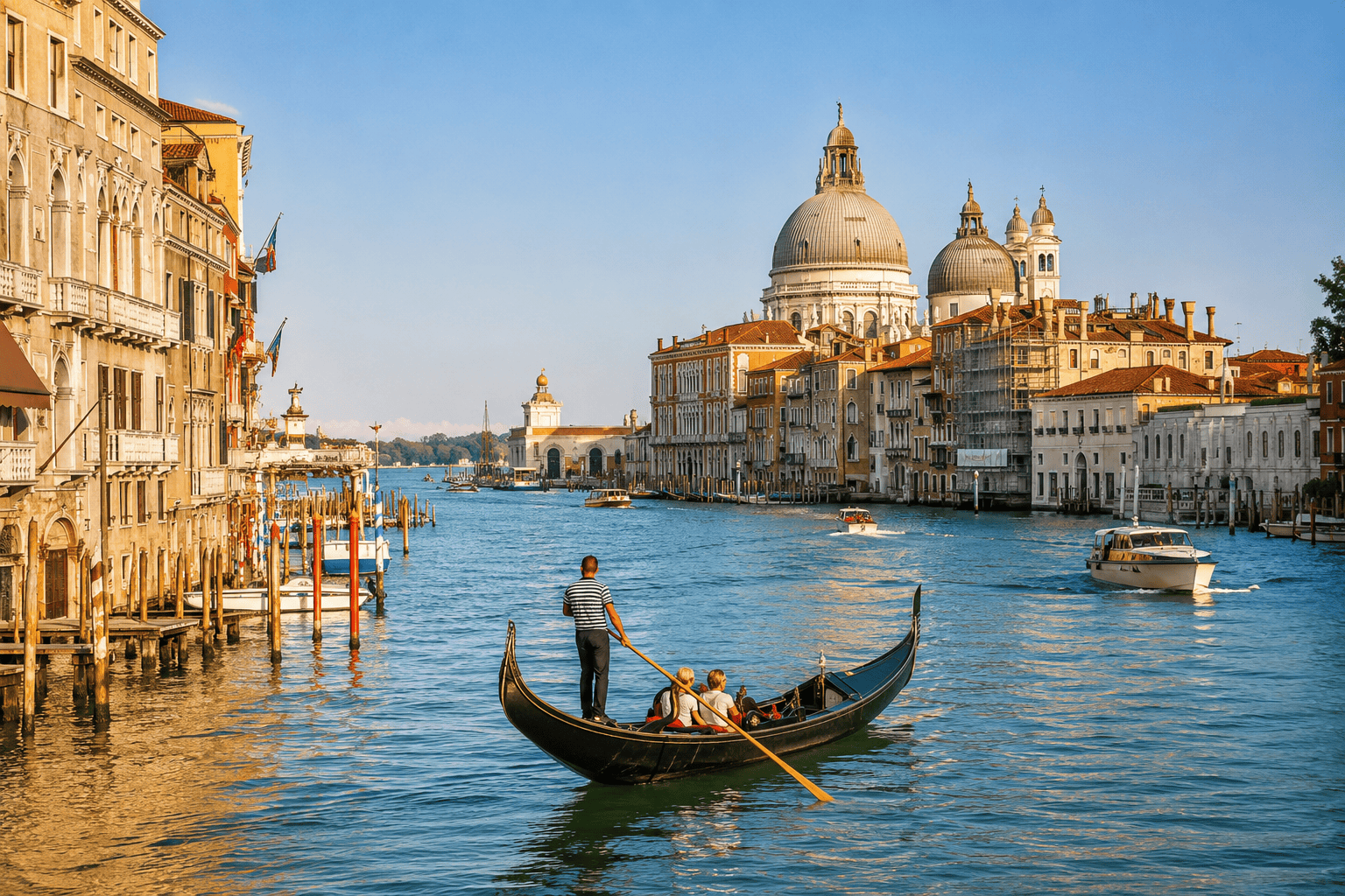 Gondola on a sunny Venetian canal for a Venice travel guide