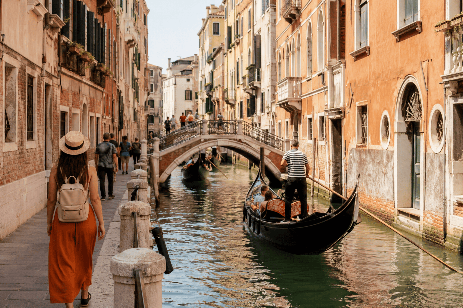 Canal walk in Venice with gondolas and historic buildings