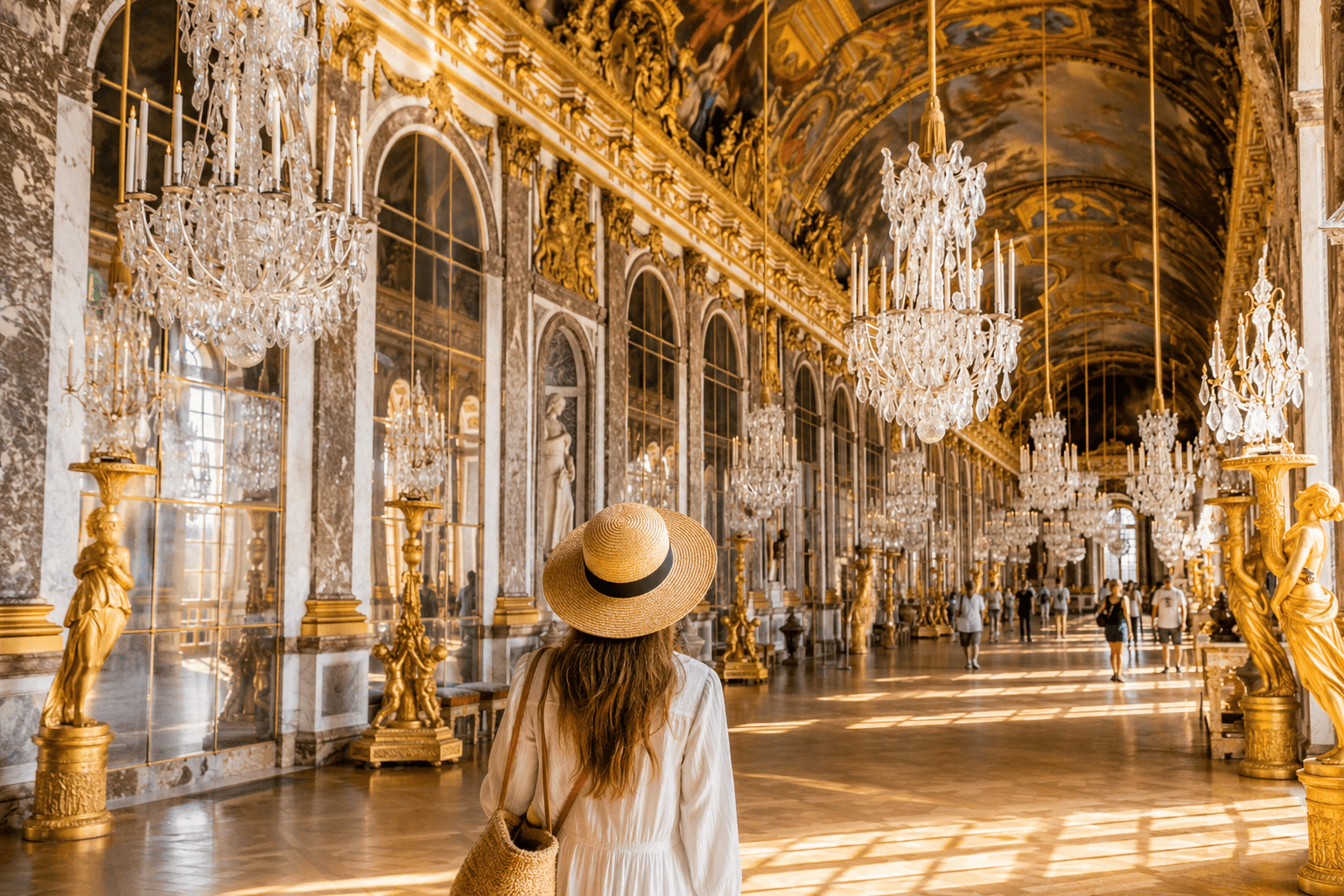Golden palace gallery inside Versailles with chandeliers