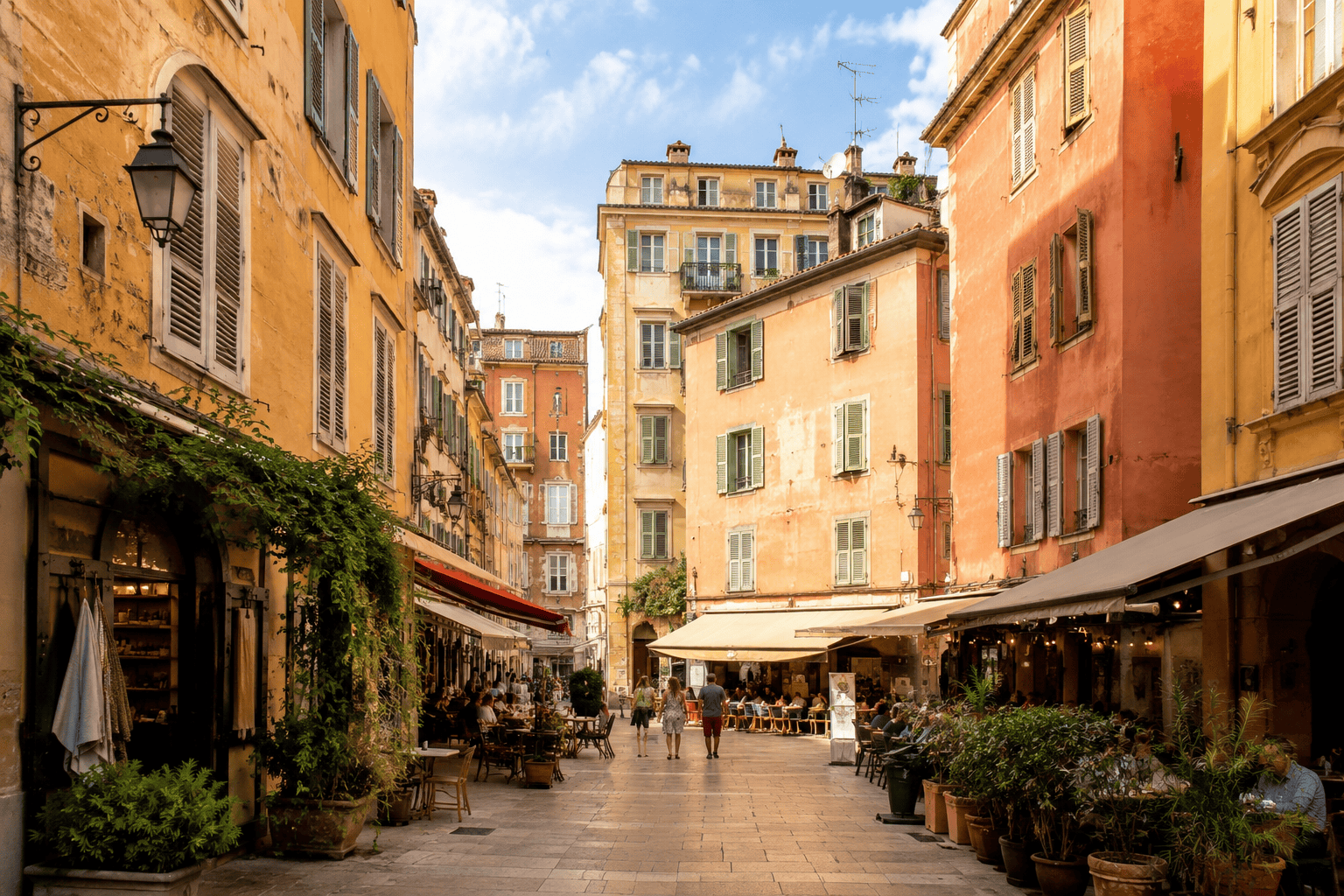 Old Town street cafe scene in Vieux Nice, one of the most atmospheric areas to stay in Nice