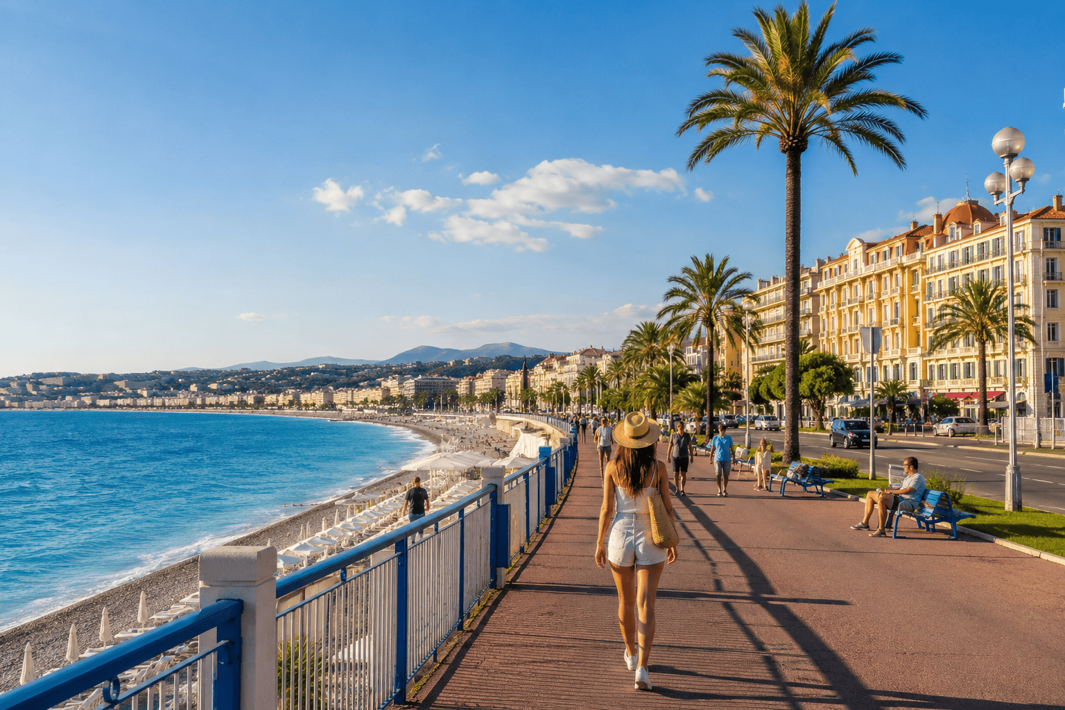 Sunny Mediterranean seaside promenade in Nice, France