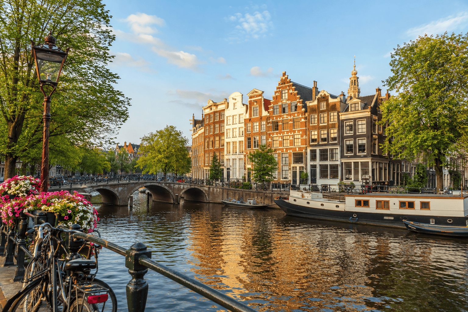 Scenic Amsterdam canal at golden hour