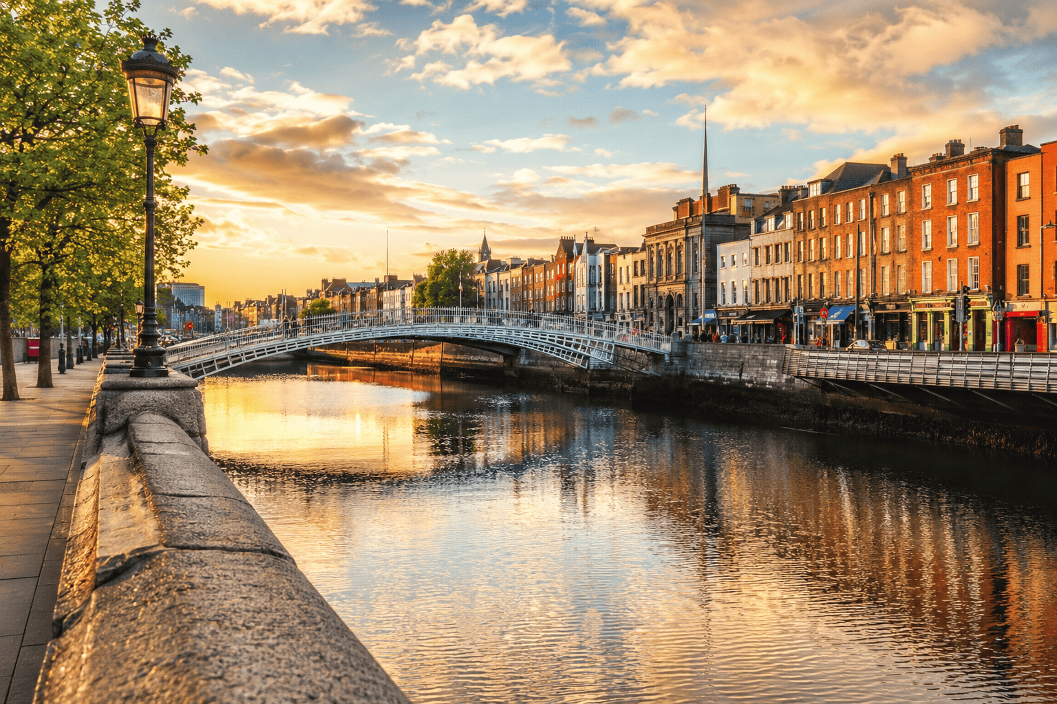 Riverfront view in Dublin near the city center at golden hour