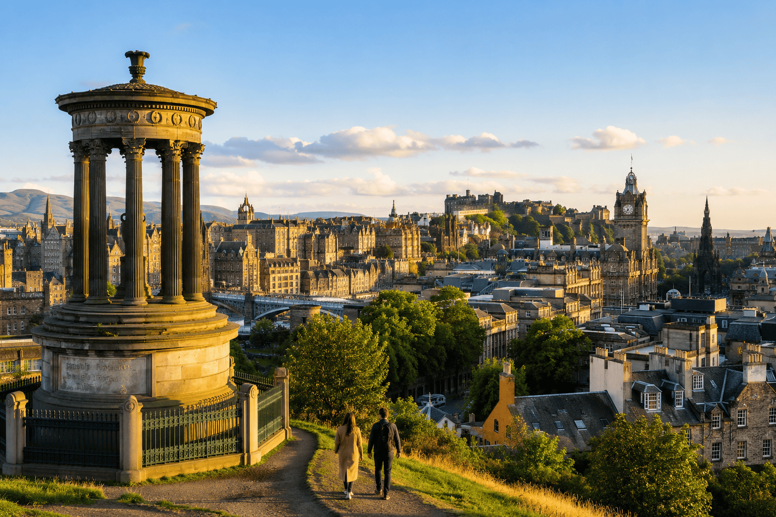 Golden hour over Edinburgh skyline, showing where to stay in Edinburgh for first-time visitors